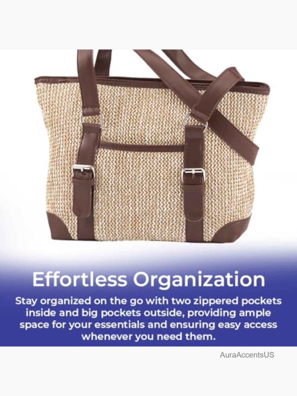 Straw Woven Shoulder Bag with Multiple Pockets Top Zip Closure - Picture 4 of 7